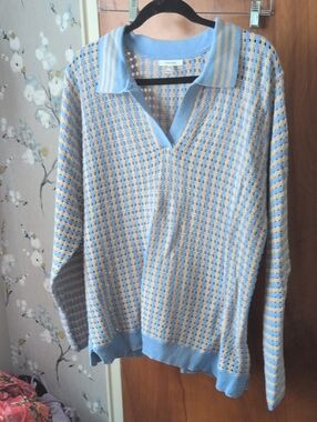 Maurices Blue and Cream V-Neck Polo Sweater